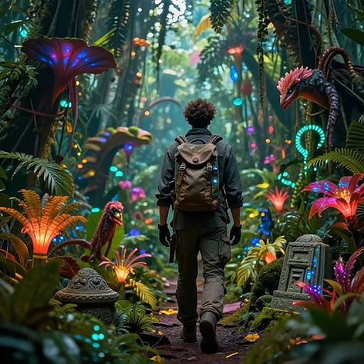 Photograph: Curly-haired person with backpack walks through vibrant, neon-lit, fantastical forest filled with colorful plants, glowing orbs, and mystical