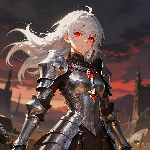Digital anime artwork: silver-armored white-haired woman with glowing red eyes, standing in a dark, castle-laden, sunset-lit battlefield.