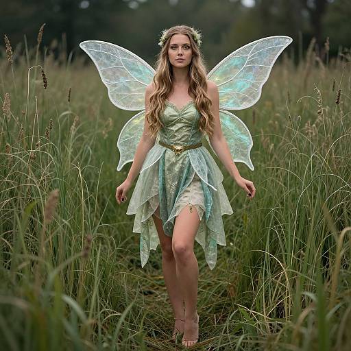 Photograph of a fair-skinned woman with long blonde hair, wearing a green fairy dress, transparent wings, and a floral headband, walking through