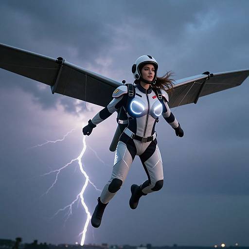 Photograph of a female skydiver with glowing blue chest emblem, white and black suit, wings, and helmet, flying against a stormy sky