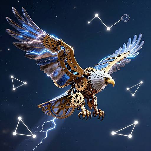 Digital art of a mechanical eagle with glowing blue feathers, gold gears, flying through a starry night sky with constellation lines and lightning.