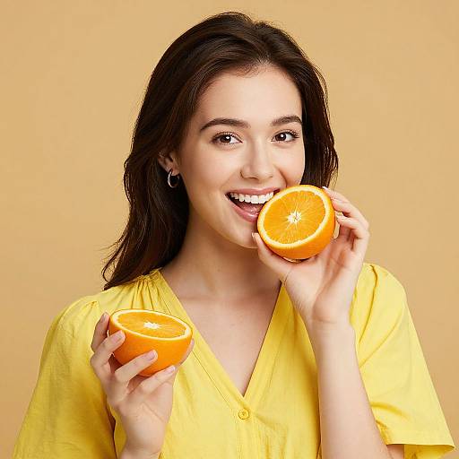 Photograph of a smiling young woman with long dark hair, wearing a yellow shirt, holding an orange half in each hand, biting into the other half