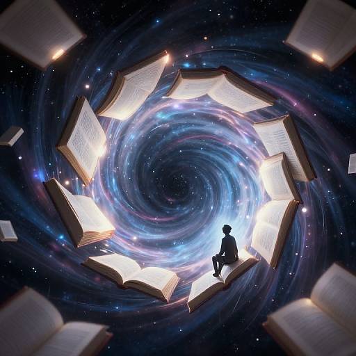 Digital art: Silhouetted figure sits on glowing open book, surrounded by more books, in swirling cosmic galaxy with stars.