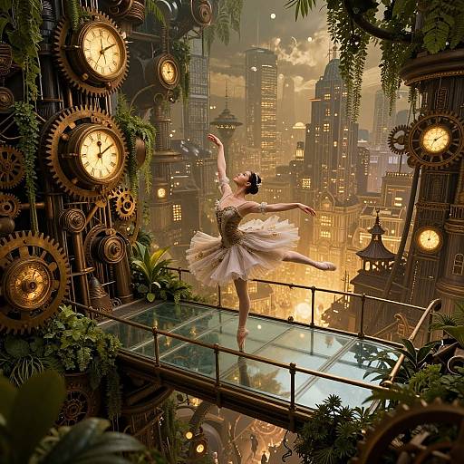 Steampunk ballet dancer in a white tutu, performing on a glass balcony surrounded by large clock gears, overlooking a glowing cityscape. Digital artwork