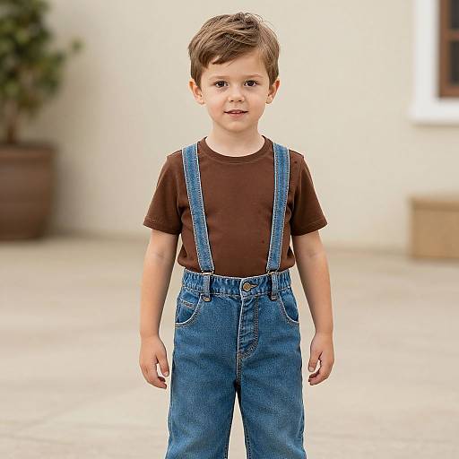 Photograph of a cute young boy with short brown hair, wearing blue denim overalls over a brown t-shirt, standing outdoors on a concrete patio with