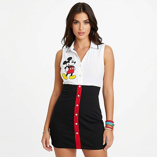 Photograph of a brunette woman with wavy hair, wearing a sleeveless white blouse with Mickey Mouse, and a black mini skirt with red and white