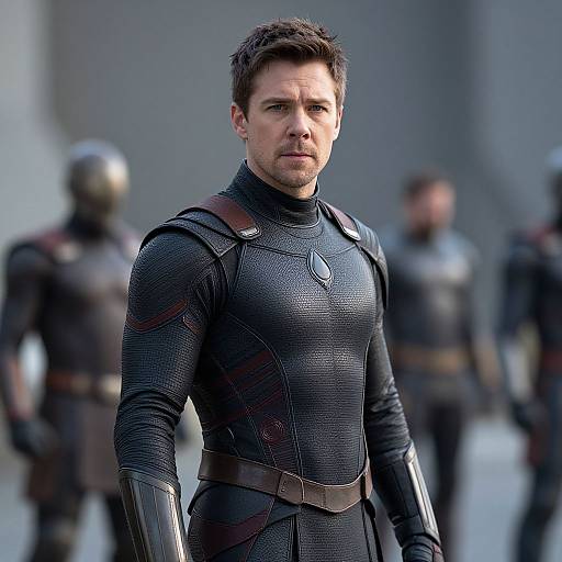 Photograph of Chris Evans as Captain America in a black, textured, form-fitting suit with brown belt, standing in a blurred, gray, industrial