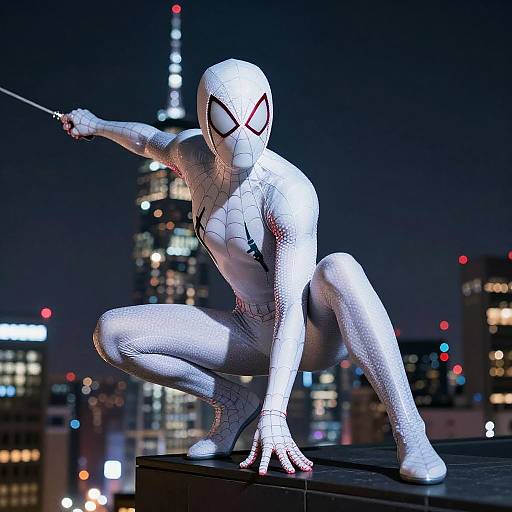 Photorealistic CGI of Spider-Man in white, spider-web suit crouching on rooftop at night, pointing with web shooter, Eiffel Tower