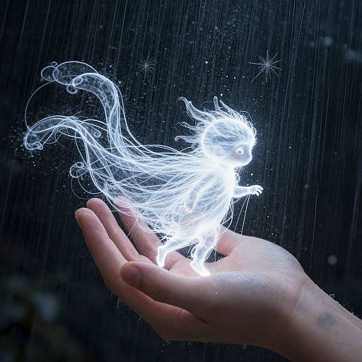 Photograph of a glowing, ethereal, white, wire-like fairy-like figure floating above an outstretched hand in the rain, against a dark