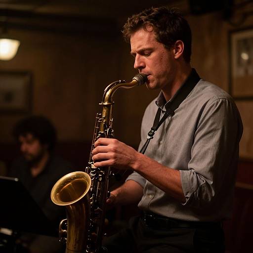 Photorealistic Jazz Musician in Seedy Hall