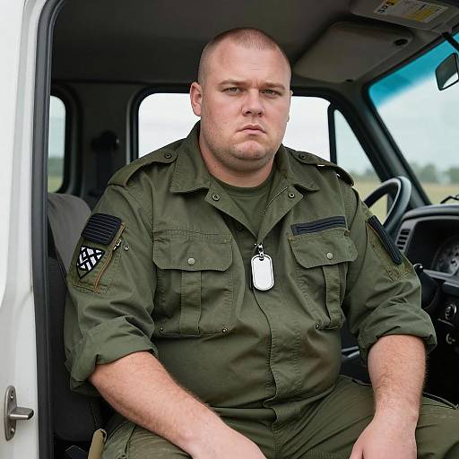 Serious Military Man Sitting in Truck Cab