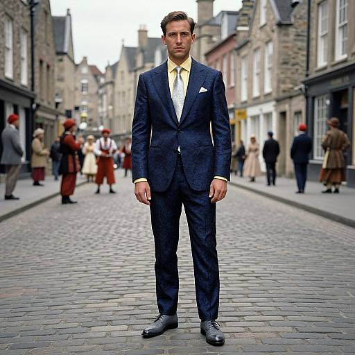 Photograph of a man in a dark blue suit with a yellow shirt and tie, standing on a cobblestone European street with blurred pedestrians in vintage