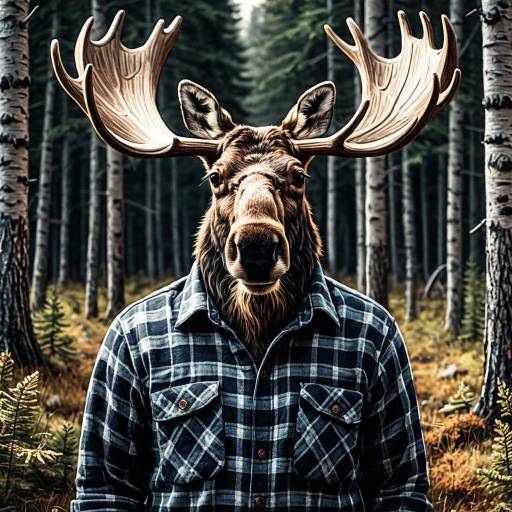 Moose in Flannel Shirt in Rustic Woodland