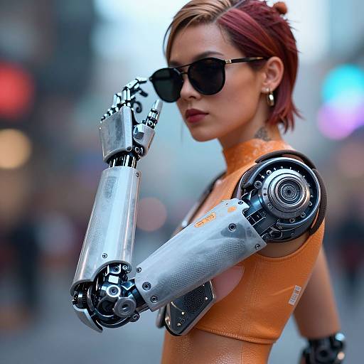 Cyberpunk woman with red hair, black sunglasses, orange crop top, and metallic robotic arms, poses confidently in a blurred city street.