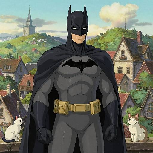 Digital drawing of Batman standing in a quaint, medieval village with two white cats, green hills, and a church tower in the background.