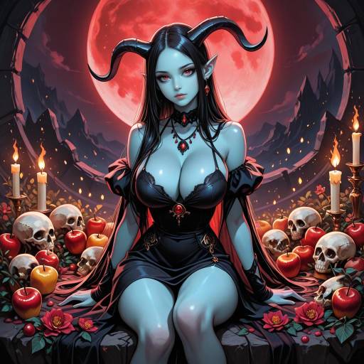 Enchanting Girl with Red Moon and Horns Enchanting Girl with Red Moon and Horns