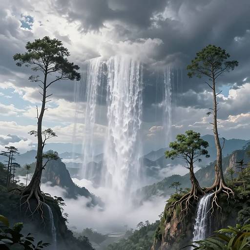 Digital fantasy landscape: towering waterfall between two ancient, gnarled trees on misty, mountainous cliffs with lush greenery and dramatic cloudy sky.