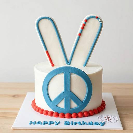 Photograph of a white birthday cake with blue peace symbol and bunny ears topper, red bead border, and 
