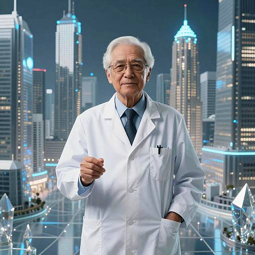 Elderly white male scientist with white hair and glasses, wearing a white lab coat and blue tie, stands in front of a futuristic cityscape at
