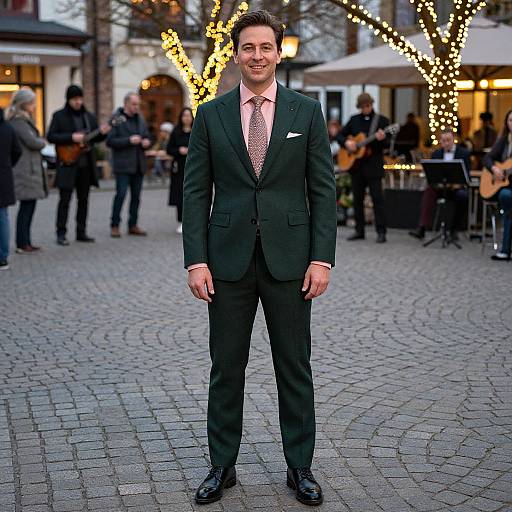 Photograph of a smiling man in a dark green suit, pink tie, and white pocket square, standing on a cobblestone street with festive string