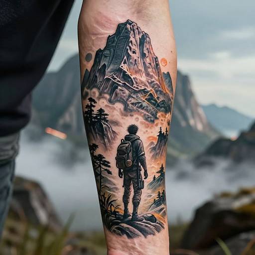Photograph of a detailed tattoo on a person's forearm depicting a hiker in front of a mountainous, misty landscape with a futuristic skyscraper