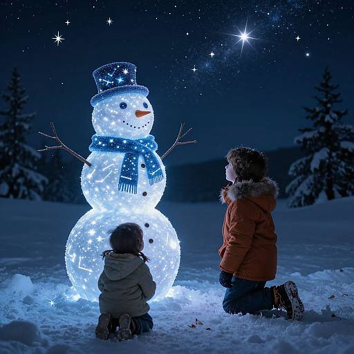 Children Admiring Radiant Stardust Snowman