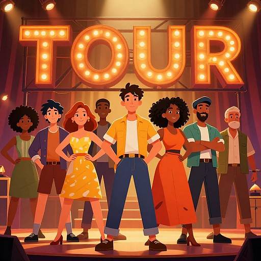 Vibrant Cartoon Group Under TOUR Sign