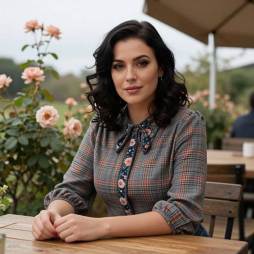 Photograph of a fair-skinned woman with curly black hair, wearing a plaid shirt with floral buttons, sitting outdoors at a wooden table with pink