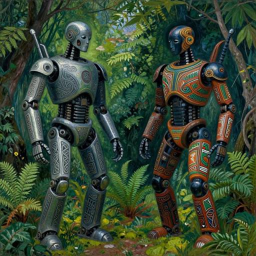 Photograph-like digital art of two intricately designed, patterned robots standing in a lush, green forest, with ferns and trees surrounding them.