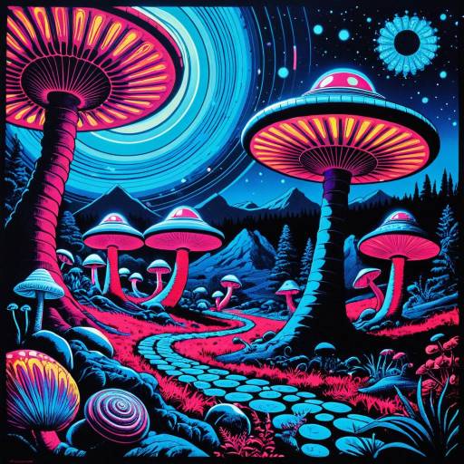 Vintage 70s Trippy Alien Mushroom Landscape