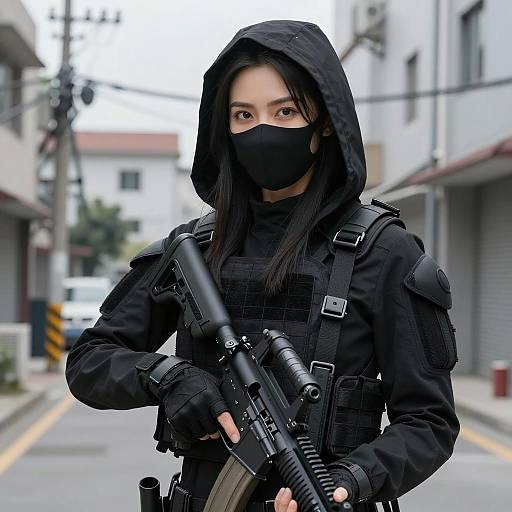 Asian Woman in Tactical Gear with Rifle