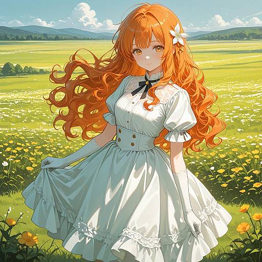 Curly Orange-Haired Girl in White Dress