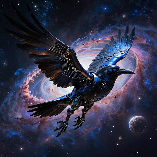 Digital art of a cybernetic crow with glowing blue wings, soaring through a cosmic galaxy with a bright spiral nebula and a planet in the background