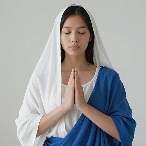 Photograph of a young woman with closed eyes, wearing a white headscarf and blue robe, praying with hands pressed together.
