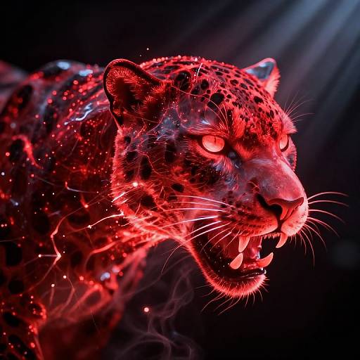 Digital artwork of a fierce, glowing red leopard with glowing eyes, sharp teeth, and neon spots, illuminated by blue light beams against a dark background.