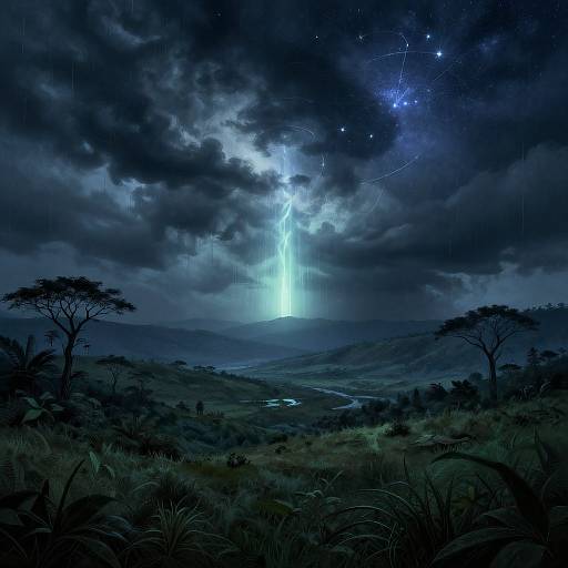 Digital painting of a stormy night sky over a dark, grassy savanna with a bright lightning bolt striking a distant hill, stars and constell