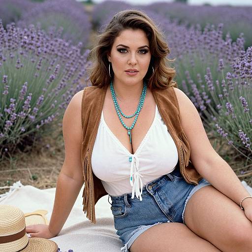 Photograph of a curvy woman with long brown hair, wearing a white tank top, denim shorts, and turquoise bead necklace, sitting in lavender field