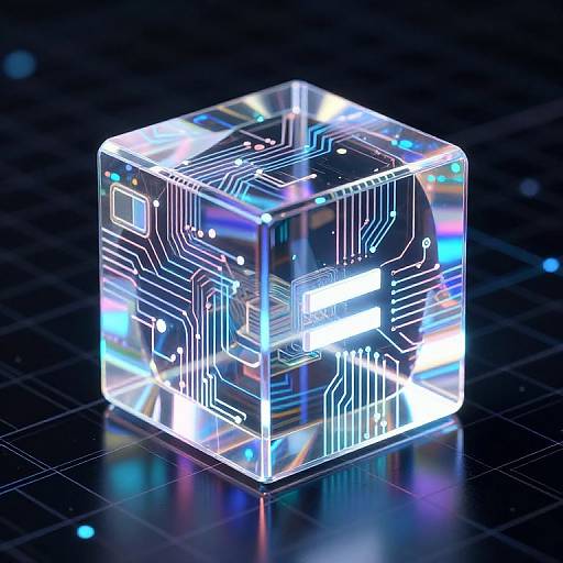 Photorealistic CGI of a transparent, glowing, circuit-patterned cube on a dark, grid-patterned surface, reflecting vibrant blue and white lights.