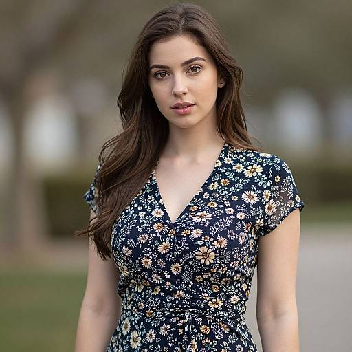 Photograph of a young woman with long brown hair, wearing a navy floral dress, standing outdoors in a blurred park background.