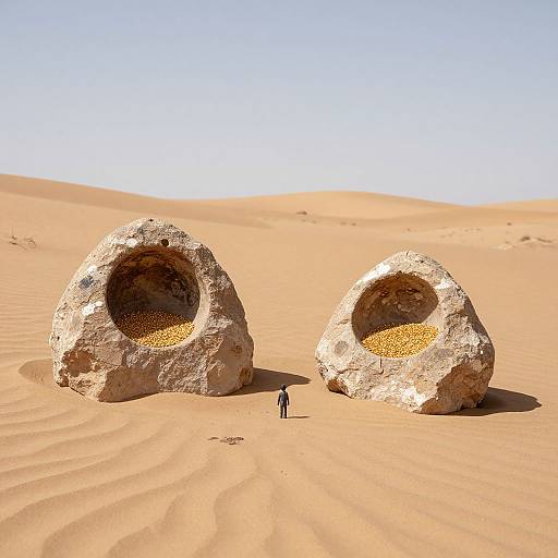 Photograph of two massive, circular, rocky structures with hollow centers, filled with yellow stones, in a vast, sunlit, orange desert; a