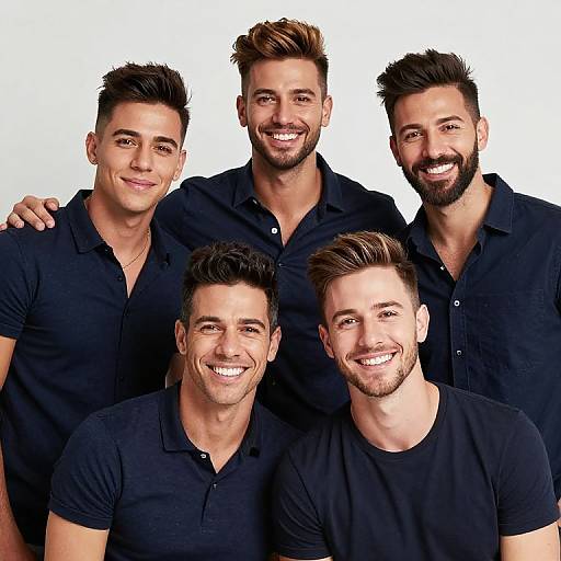 Photograph of five smiling, attractive men with short, styled hair, wearing black shirts, standing and kneeling against a white background.