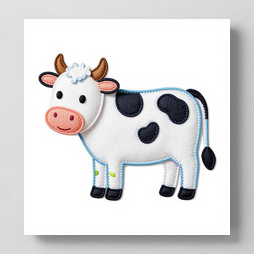 Cartoon-style, digitally-drawn black-and-white cow with pink nose and ears, brown horns, and blue outline, standing on a white background.