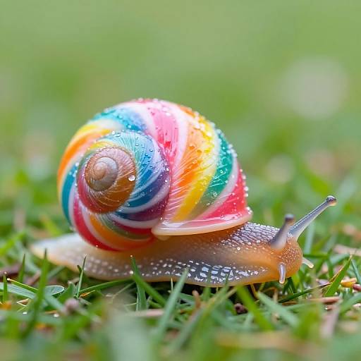 Close-up photograph of a colorful, rainbow-patterned snail with spiral shell on green grass, showcasing detailed textures and vibrant hues.