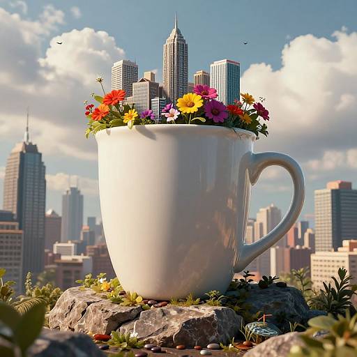 Digital artwork: giant white cup with colorful flowers, city skyscrapers, and blue sky background, set on rocky terrain with small plants.