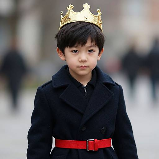 Photograph of an Asian boy with black hair, wearing a black coat, red belt, gold crown, and standing in a blurred urban background.