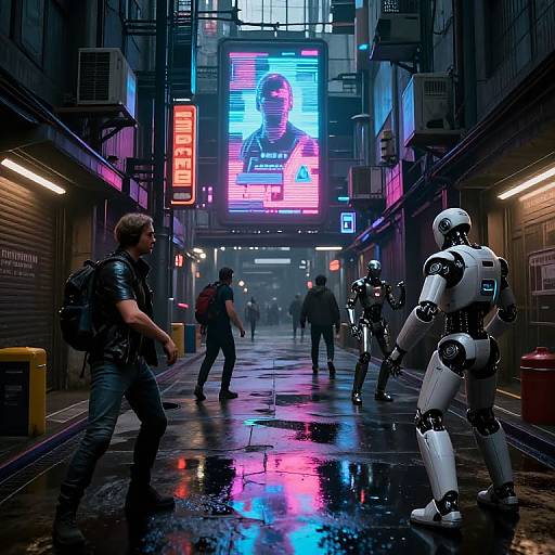 Cyberpunk night scene: human in black leather jacket faces three white humanoid robots on wet, neon-lit alley with glowing billboard.