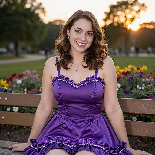 Photograph of a smiling young woman with wavy brown hair, wearing a purple, ruffled dress, sitting on a wooden bench in a park with