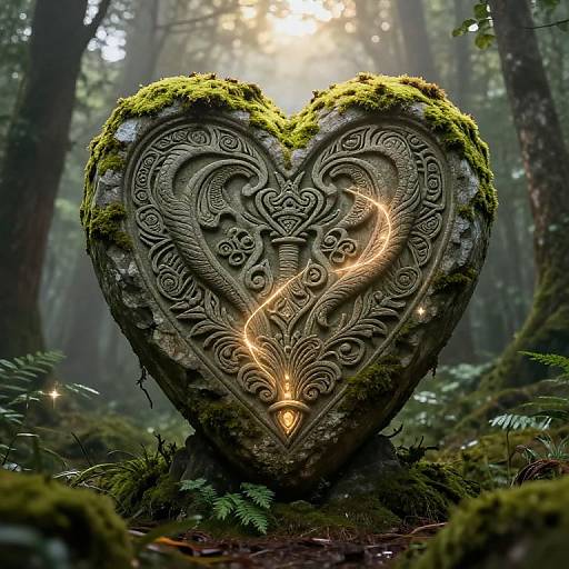 Photorealistic CGI of a moss-covered, intricately carved stone heart in a misty forest, with glowing light trails and small fairy-like lights.