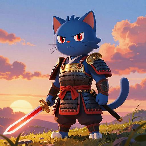 Digital illustration of a blue, anthropomorphic cat warrior with red eyes, wearing samurai armor, holding a glowing red sword, standing on grass at sunset