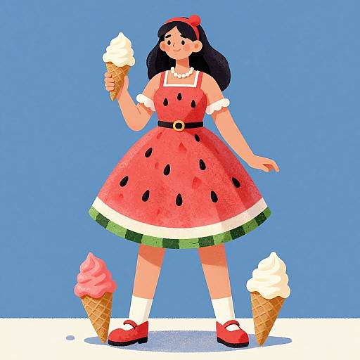 Digital illustration of a smiling girl with black hair, wearing a watermelon dress, holding an ice cream cone, with two more cones on the ground,
